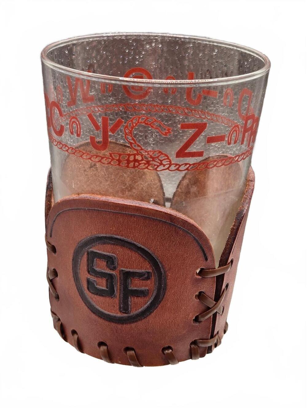 VTG western Glass Tumbler Brown hand tooled Leather, Libbey Bamco SF Logo